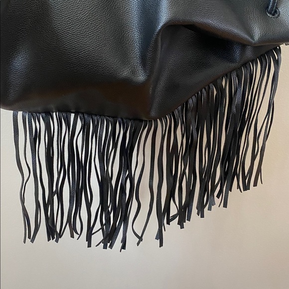 Victoria Secret Black FAUX Leather Fringe Drawstring Backpack bag - Picture 5 of 7